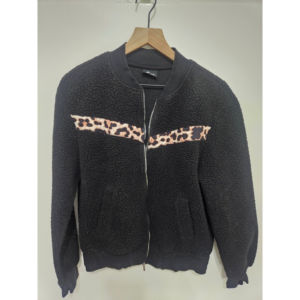 Zyia Active Womens Black Sherpa Fleece Leopard Print Bomber Jacket Size Medium
